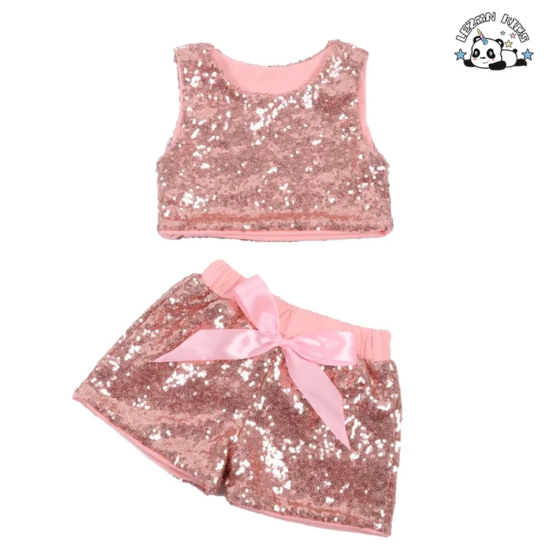 LEZONKIDS - Customizable Summer Girl's Sleeveless Sequins Tank Top Shorts Fashion Two Piece Top Shorts Suits